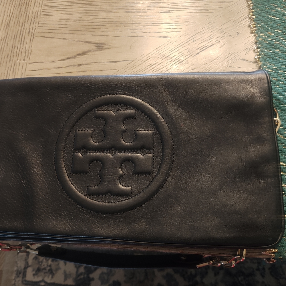 Tory Burch Black Leather Messenger Bag with Iconic Logo